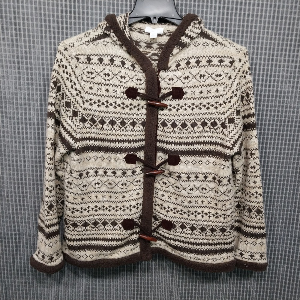 Charter Club Hooded Cardigan Women Fair Isle Sherpa Trim Toggle PL Brown Cream